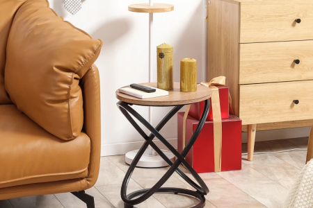 Modern living room with round wood top side table