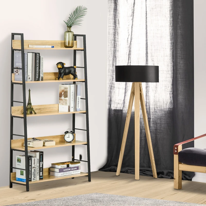 Oak-finish bookshelf with metal frame styled in living room.