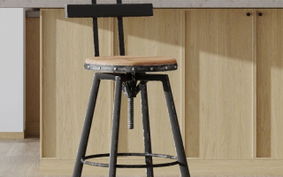 Black metal barstool with wooden seat in kitchen