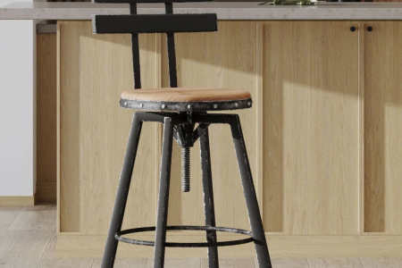 Black metal barstool with wooden seat in kitchen