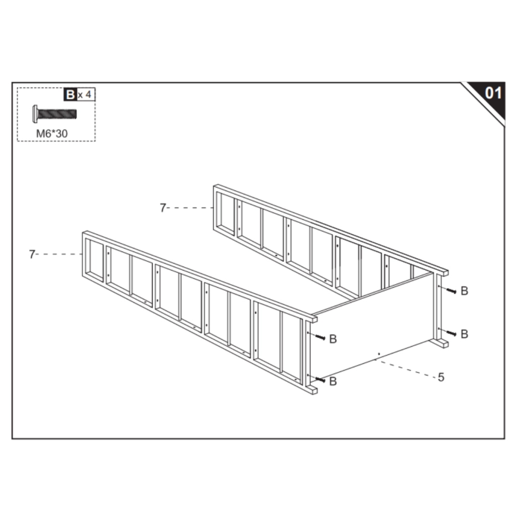 Bottom panel attached between two vertical side frames.