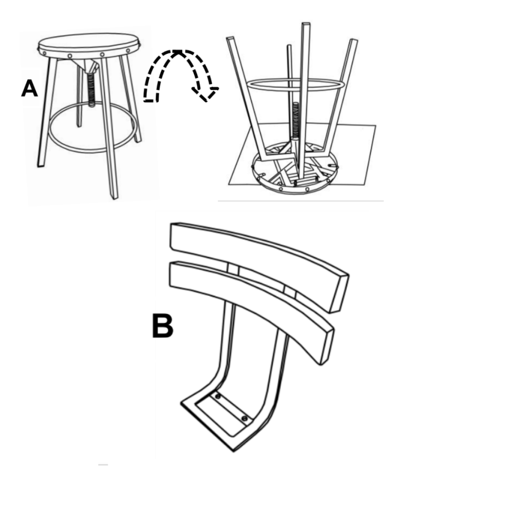Barstool assembly showing curved backrest support alignment