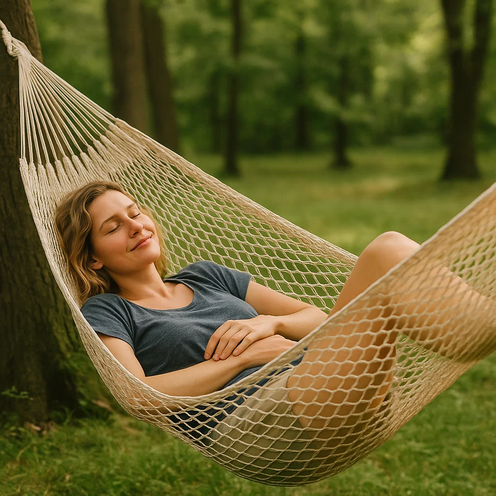 Woman resting peacefully in beige Mayan hammock in green forest.