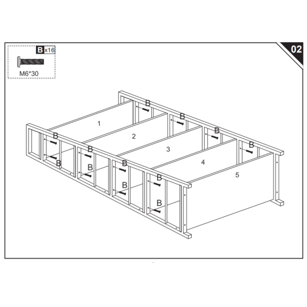 Shelf panels being secured to side frames with bolts.