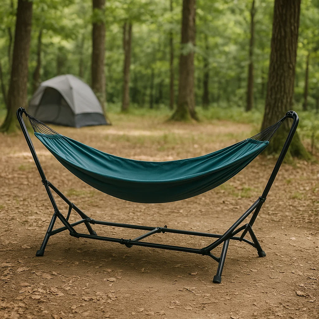 Dark green hammock on foldable metal cot stand in forest campsite.