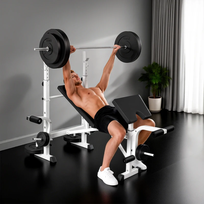 Bench press set with squat rack and preacher pad