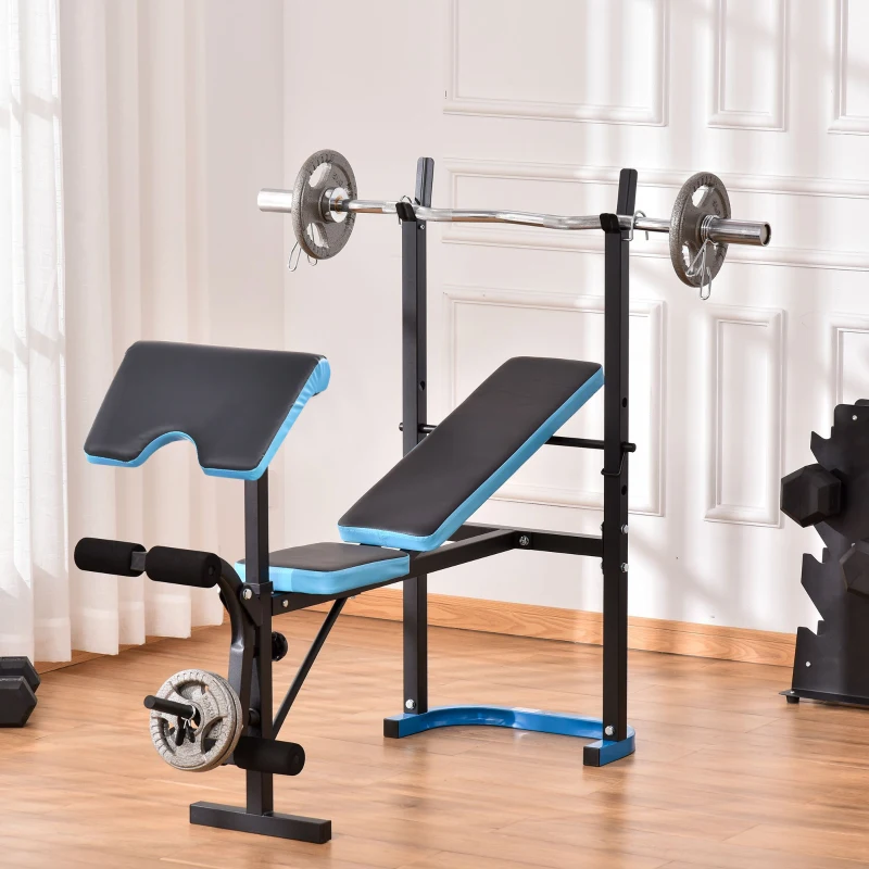 Adjustable weight bench with barbell rack and leg developer