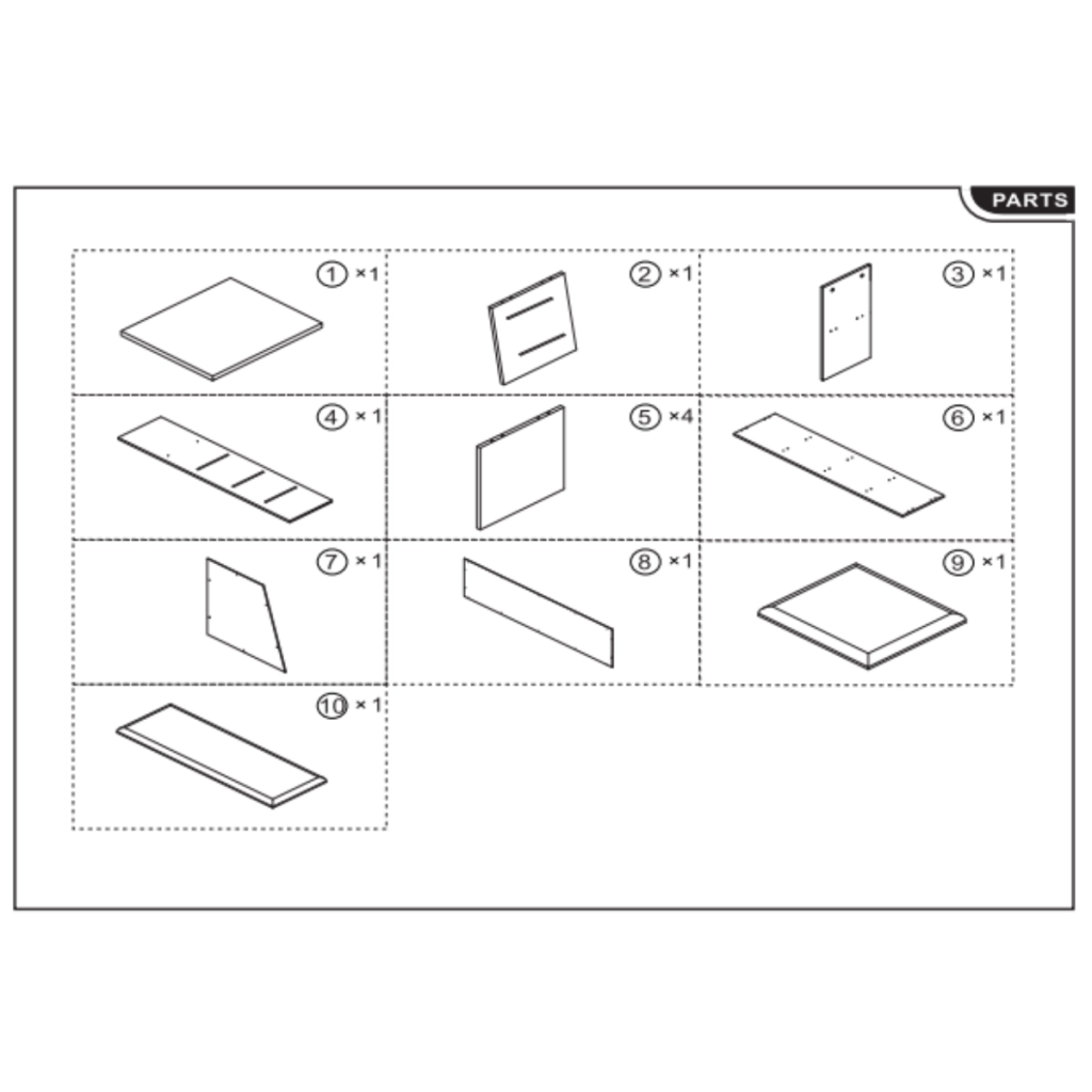 Illustrated parts list showing all panels and cushions included.