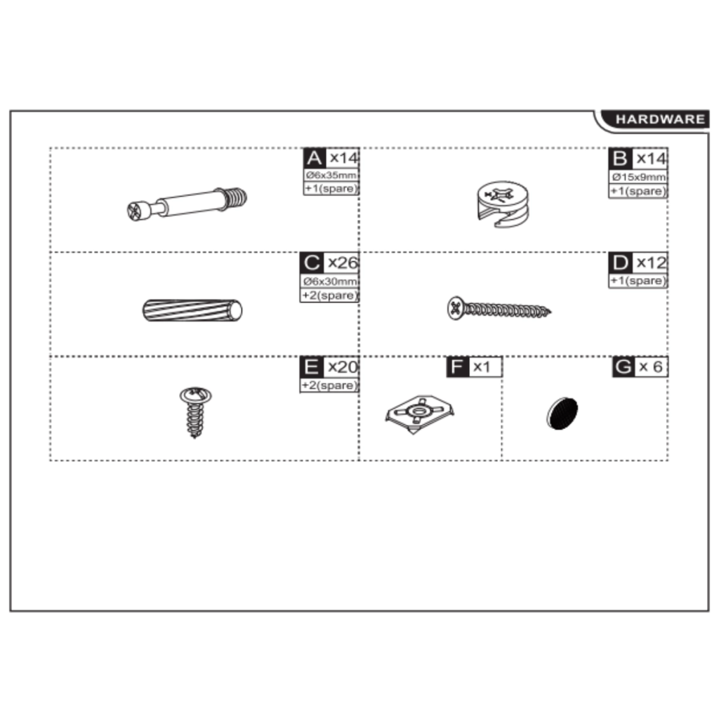 Complete hardware pack showing bolts, locks, screws, and dowels.