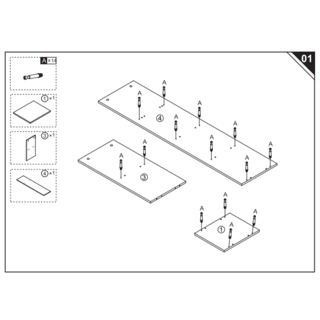 Inserting cam bolts into top, side, and support panels.