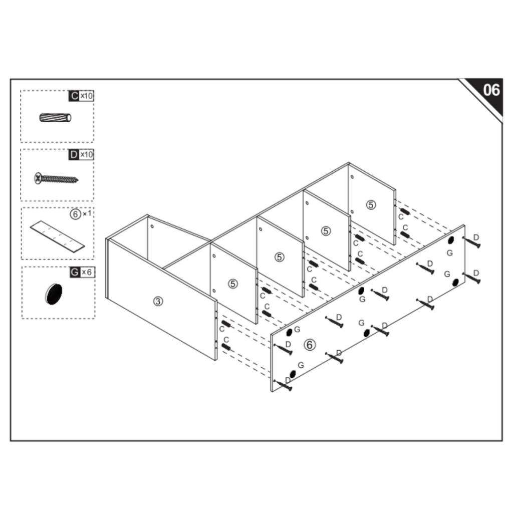 Attaching bottom panel to divider boards with screws.