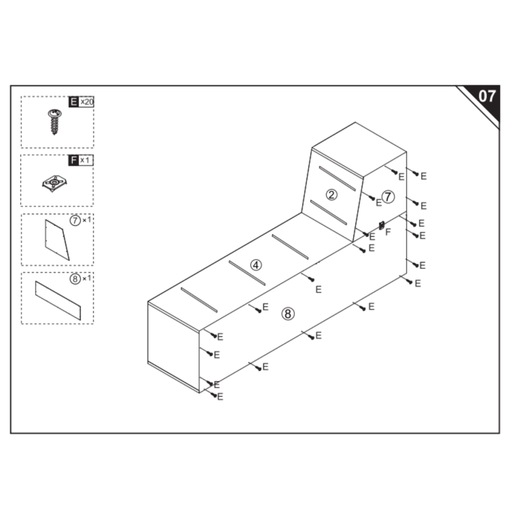 Securing back and trapezoid panels with screws for stability.