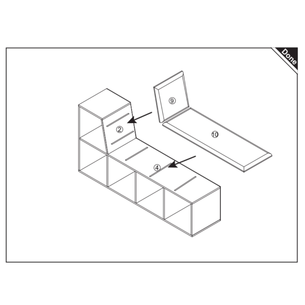 Placing seat and back cushions onto the assembled bookshelf.