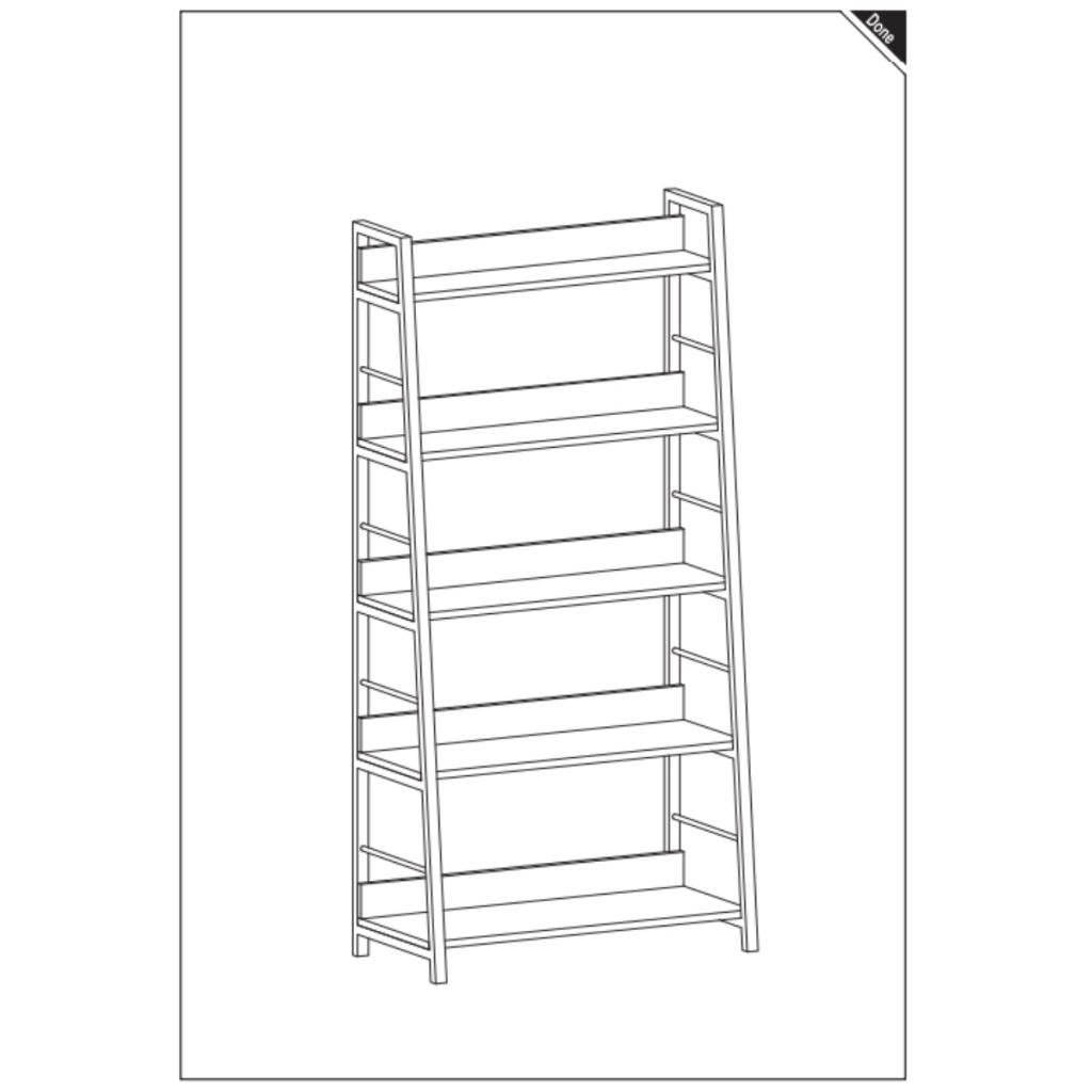 Fully assembled 5-tier bookshelf standing upright.