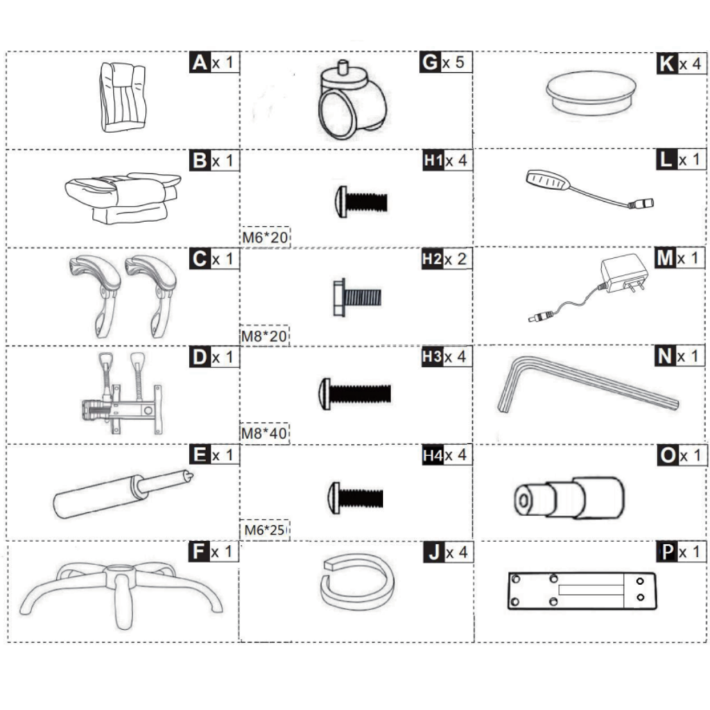 All hardware and components layout for office chair assembly