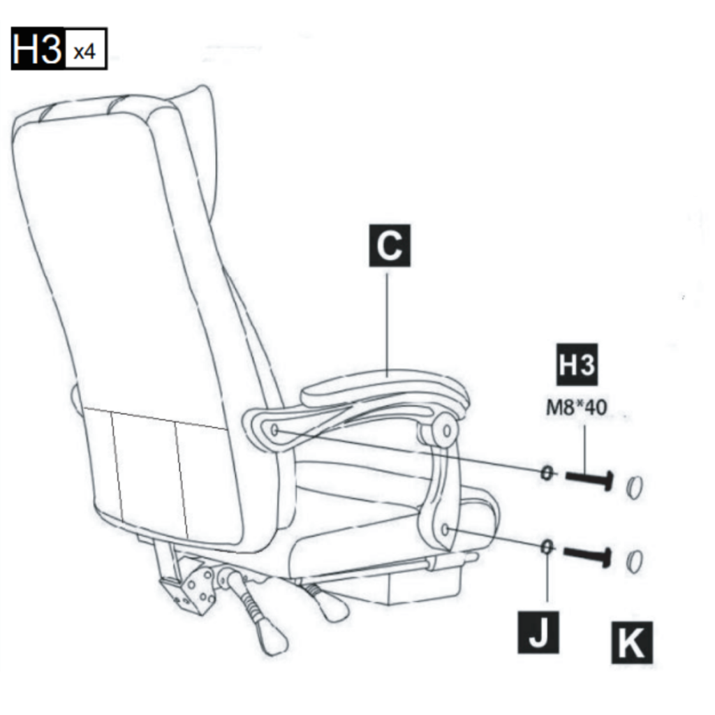 Attaching armrests to chair seat using bolts and washers