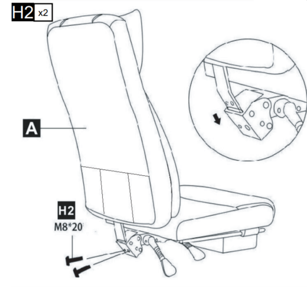 Securing backrest to seat base with short bolts