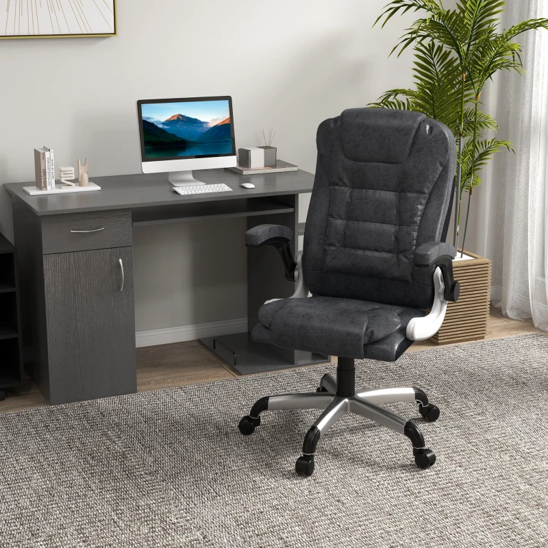 Charcoal grey microfiber office chair beside sleek grey desk