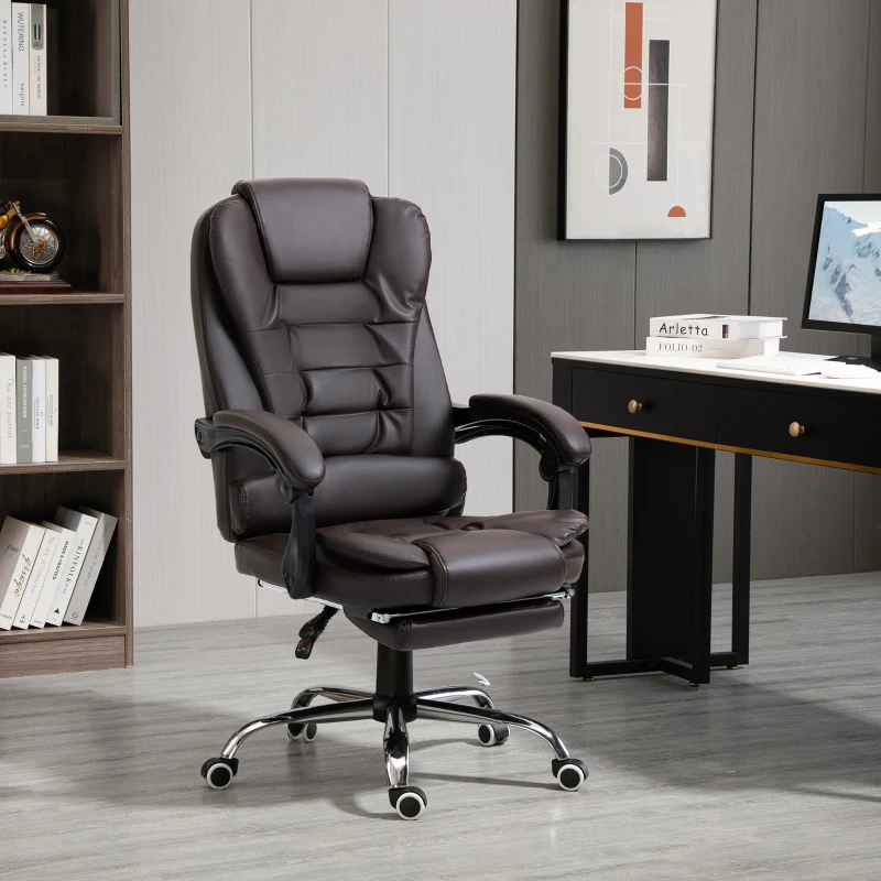 Brown PU leather office chair with high back and chrome base