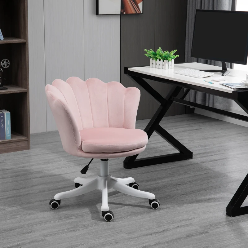 Pink velvet swivel office chair with scalloped back design