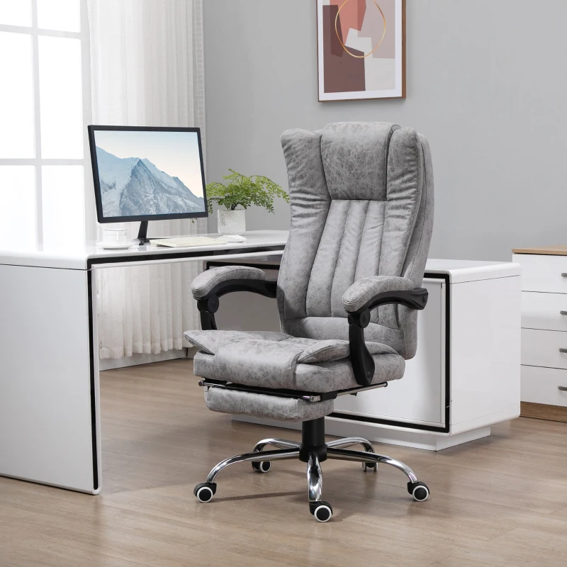 Grey massage office chair with padded seat and retractable footrest