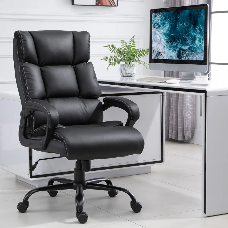 Black leather office chair with thick padding and heavy-duty base