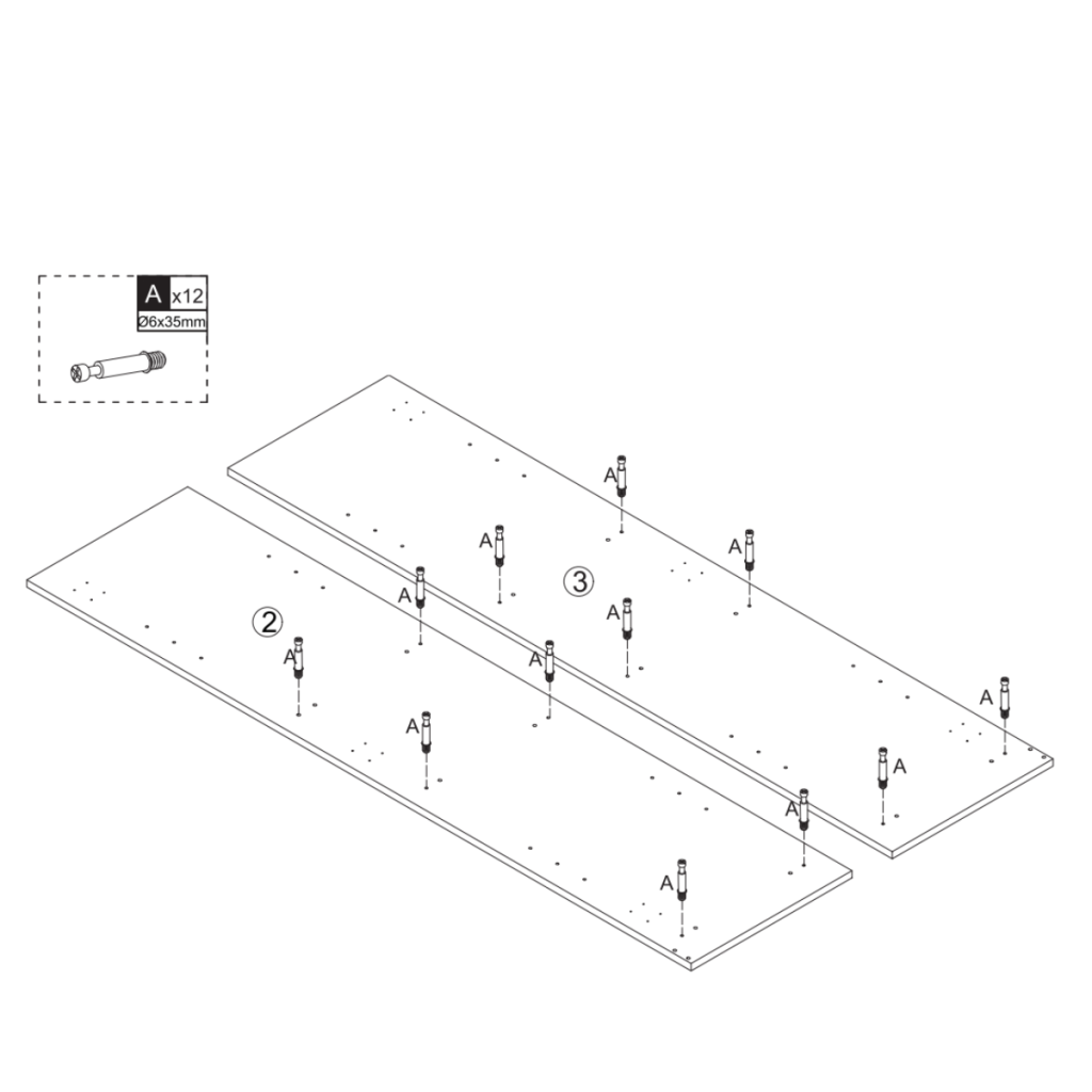 Assembly diagram showing screws inserted into cabinet side panels