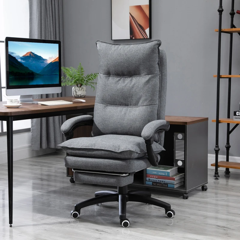 Grey swivel recliner office chair with high back and cushioned design