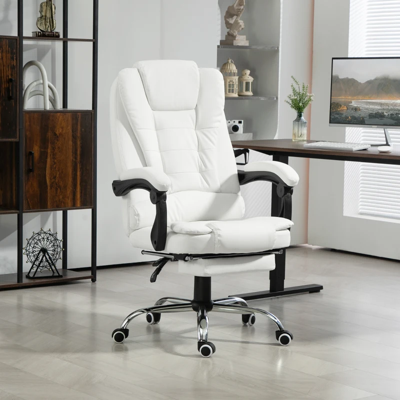 White high-back office chair with padded seat and retractable footrest