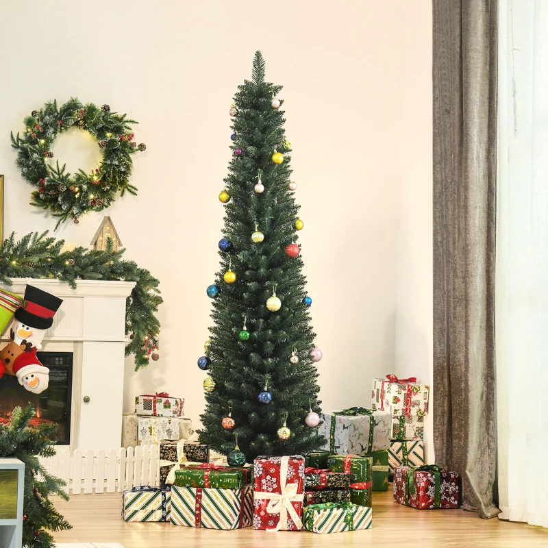 Slim pencil-style Christmas tree with ornaments and colorful gifts