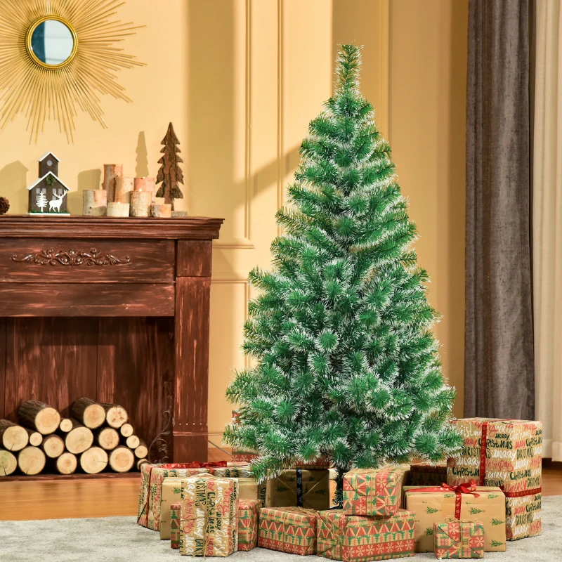Classic artificial green Christmas tree surrounded by wrapped gifts