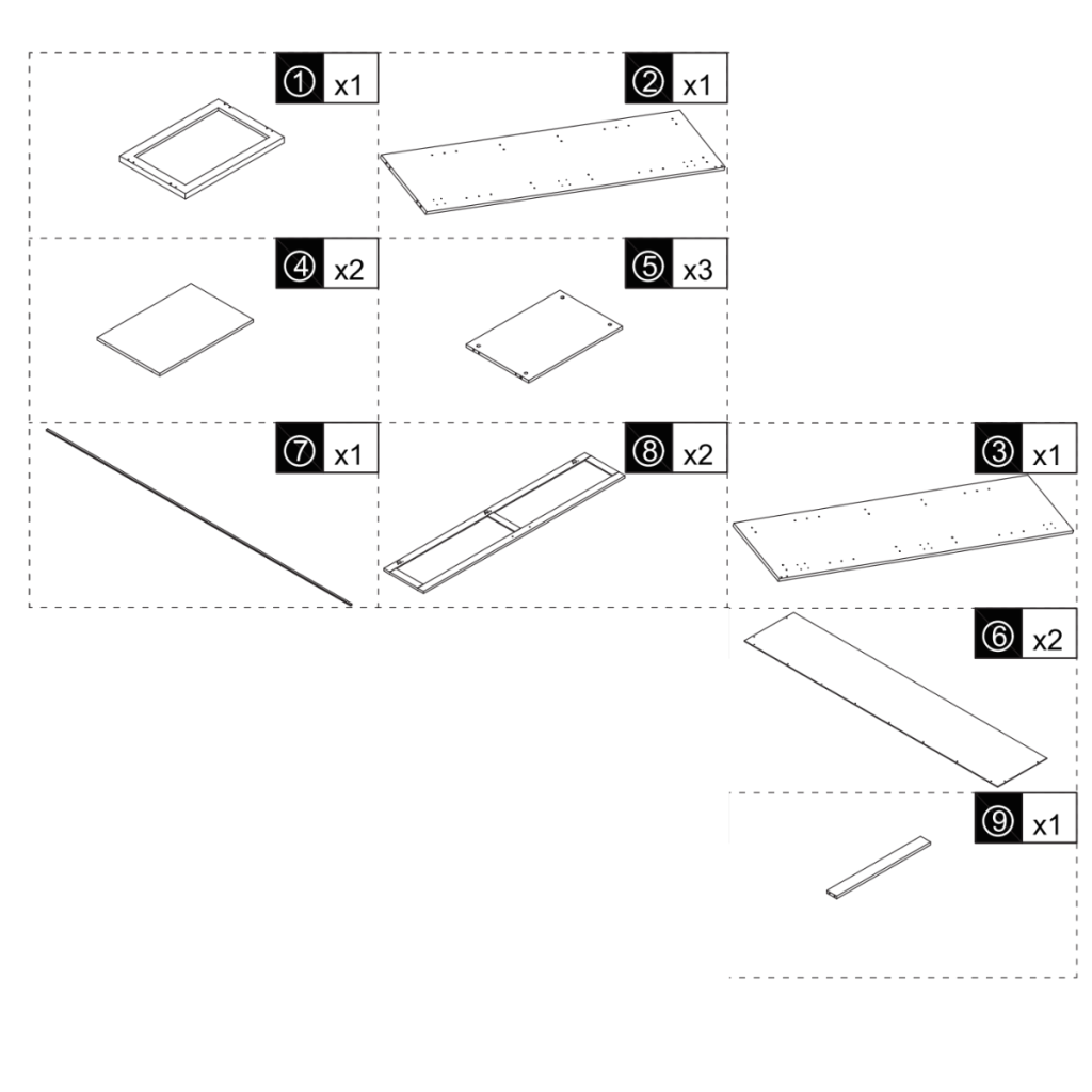 Cabinet assembly parts layout showing panels, doors, shelves