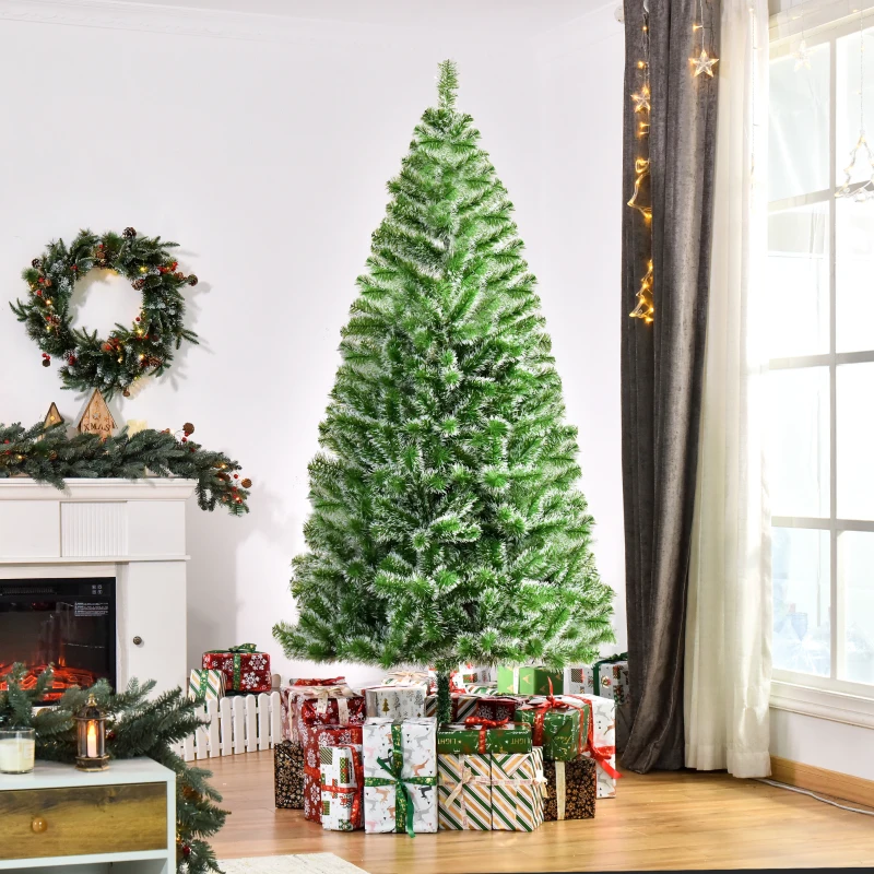 Large classic green Christmas tree surrounded by gifts and festive wreaths