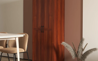 Tall wooden pantry cabinet with double doors in dining room