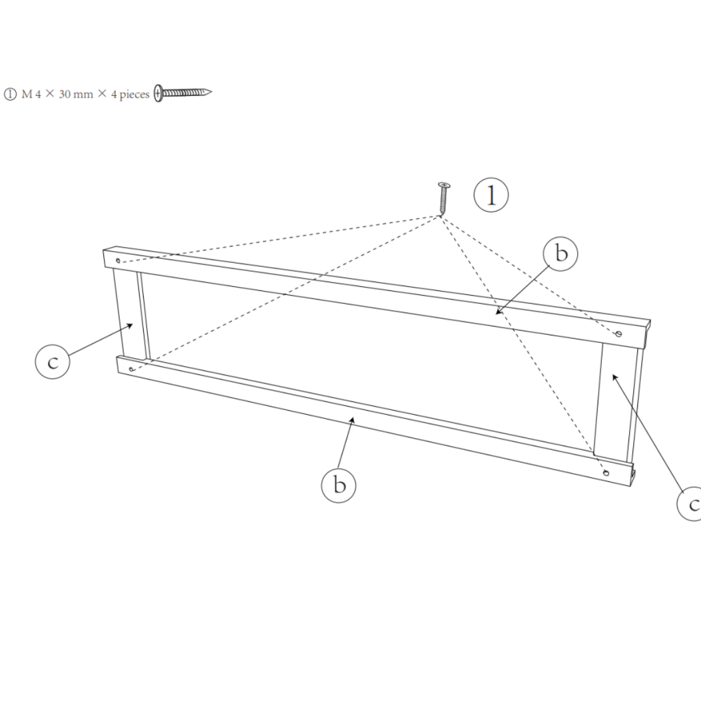 Illustration showing how to assemble base frame using screws and labeled panels
