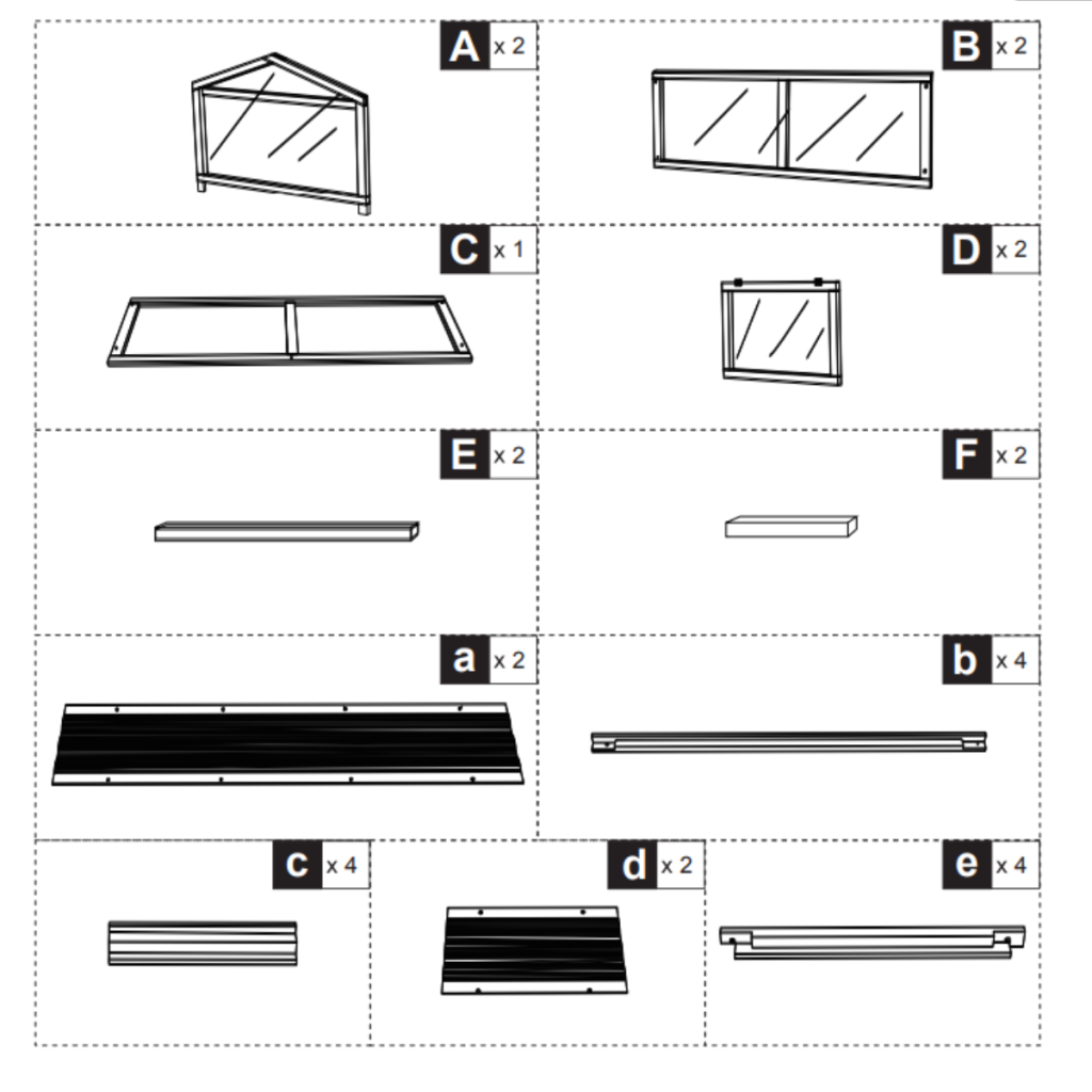 Labeled diagram showing all wooden and panel parts for raised garden bed kit