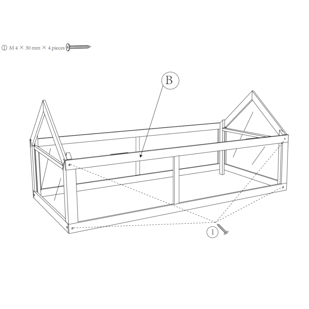 Instruction image showing alignment and fastening of upper side beams