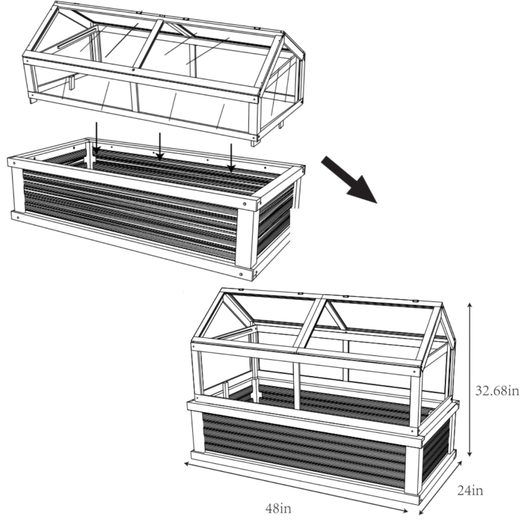 Fully assembled raised garden bed with attached greenhouse cover and panels