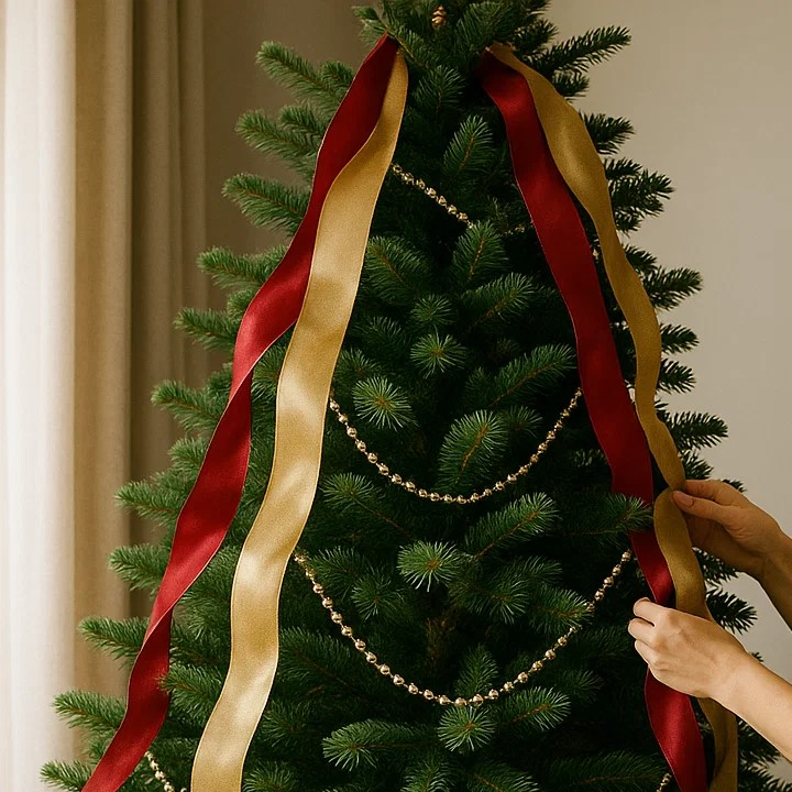 Decorating a green Christmas tree with red and gold ribbons and beaded garlands.