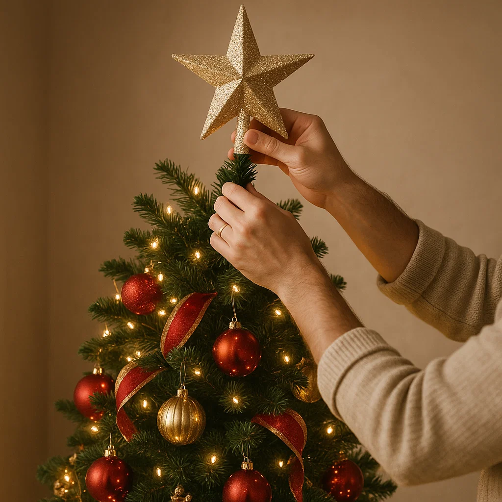 Person placing golden star topper on Christmas tree decorated with red and gold ornaments.