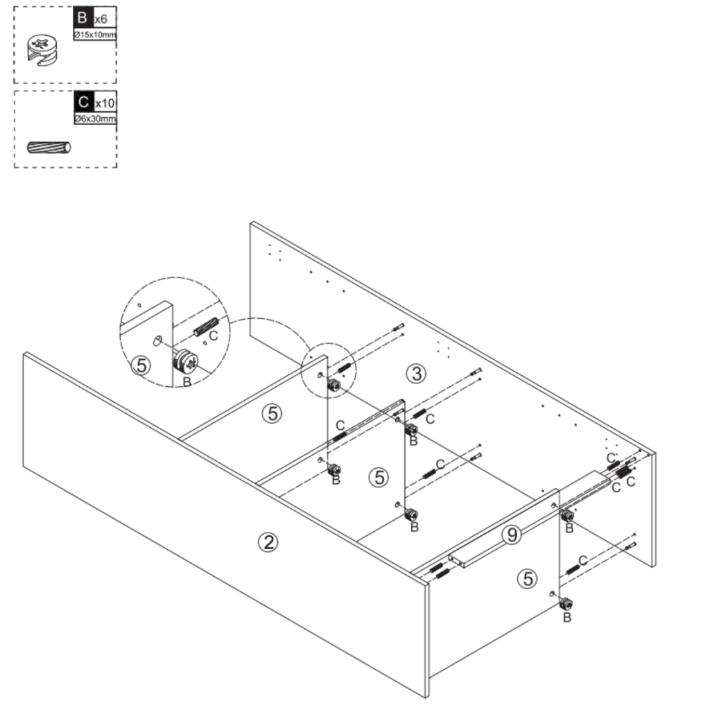 Diagram showing cabinet back panel attached to dividers with fasteners