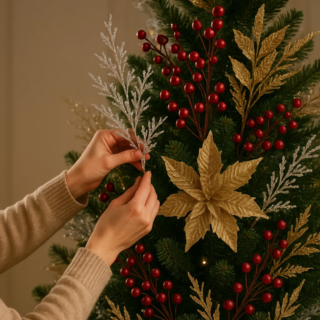Person arranging glittered silver twig and golden poinsettia on Christmas tree branches.