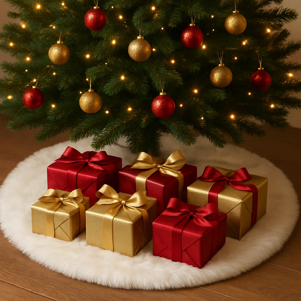 Decorating the base of a pre-lit Christmas tree with red and gold gifts arranged on a soft white tree skirt.