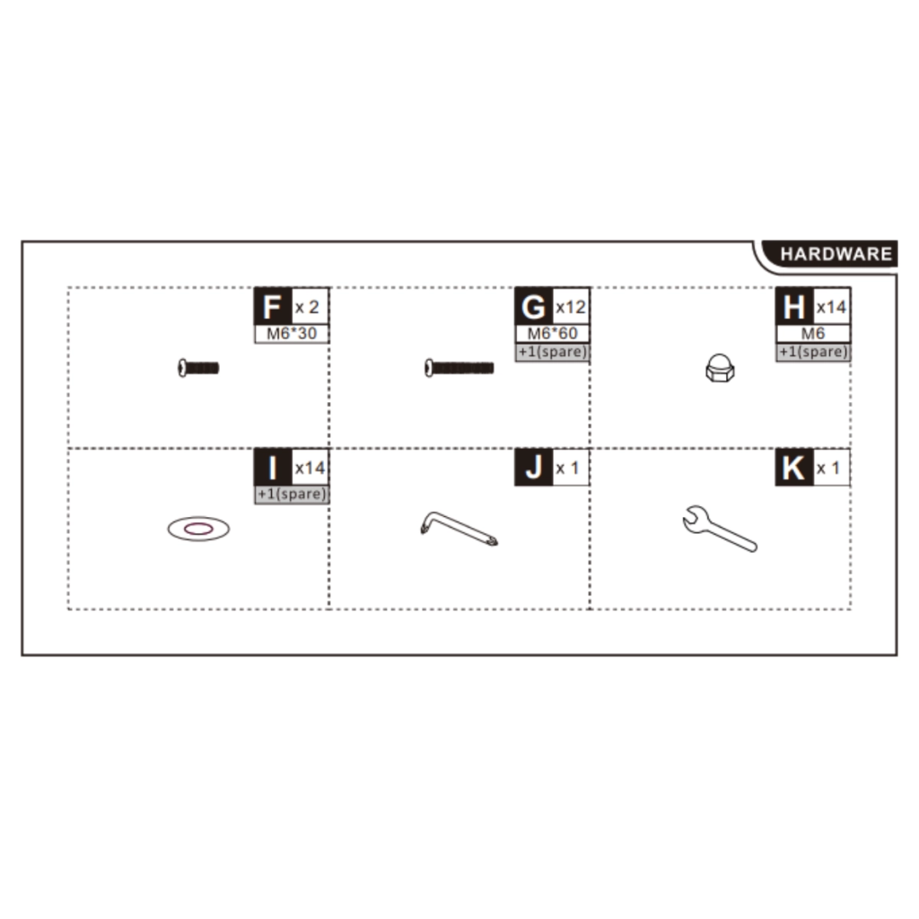 Visual layout of all bolts, nuts, washers, and tools included for assembly