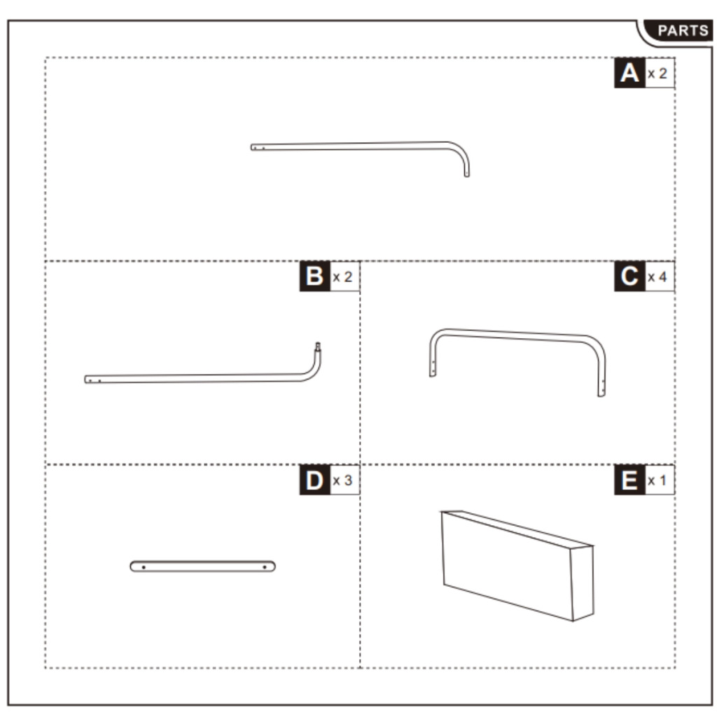  Diagram displaying labeled frame parts and fabric cover included in the firewood rack set