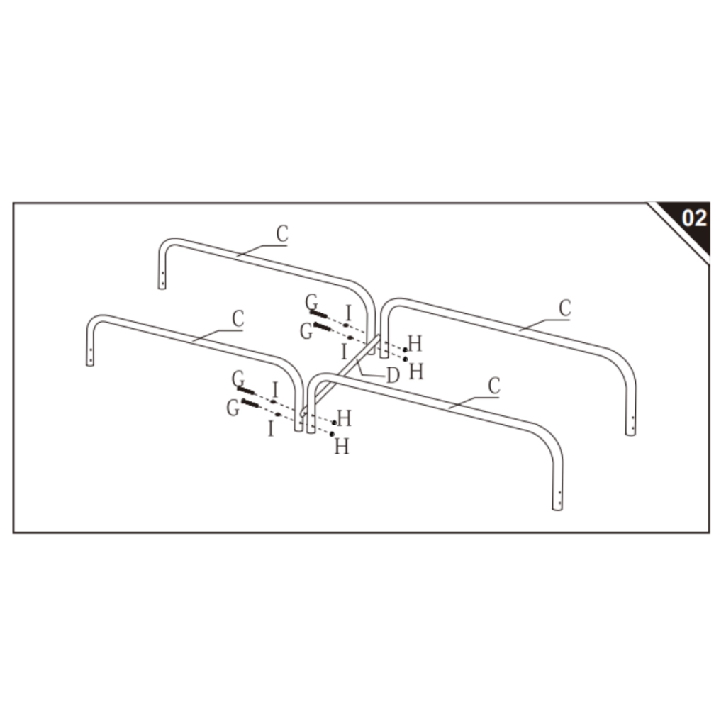 Assembly step showing U-shaped frames connected using bolts, nuts, and support bars
