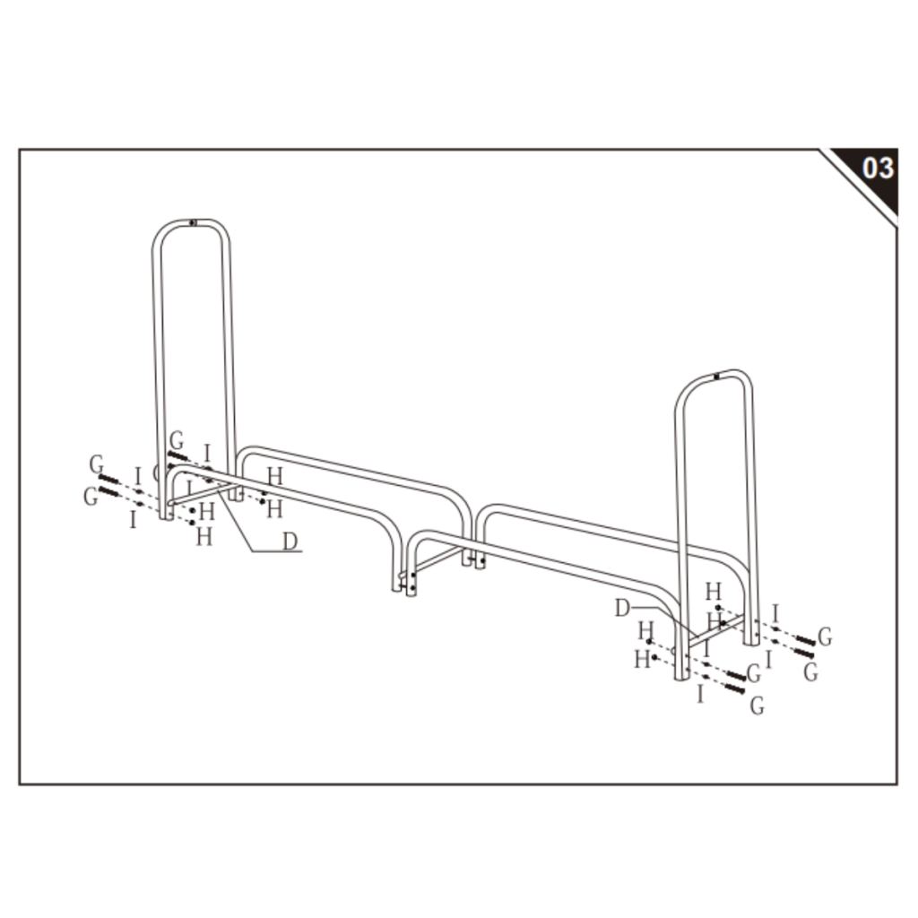 Diagram showing connection of side frames and support bars to form firewood rack base