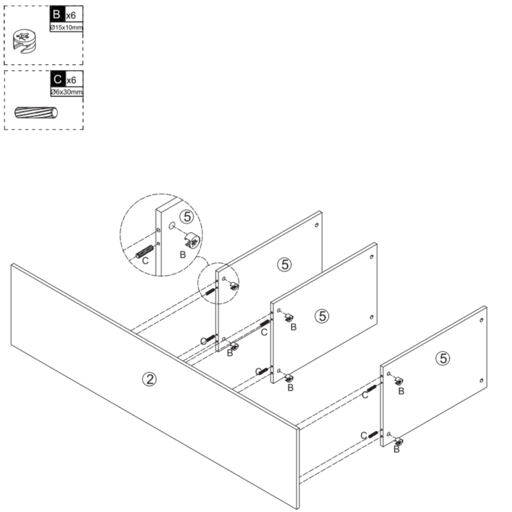 Assembly diagram showing dividers secured to bottom panel with dowels
