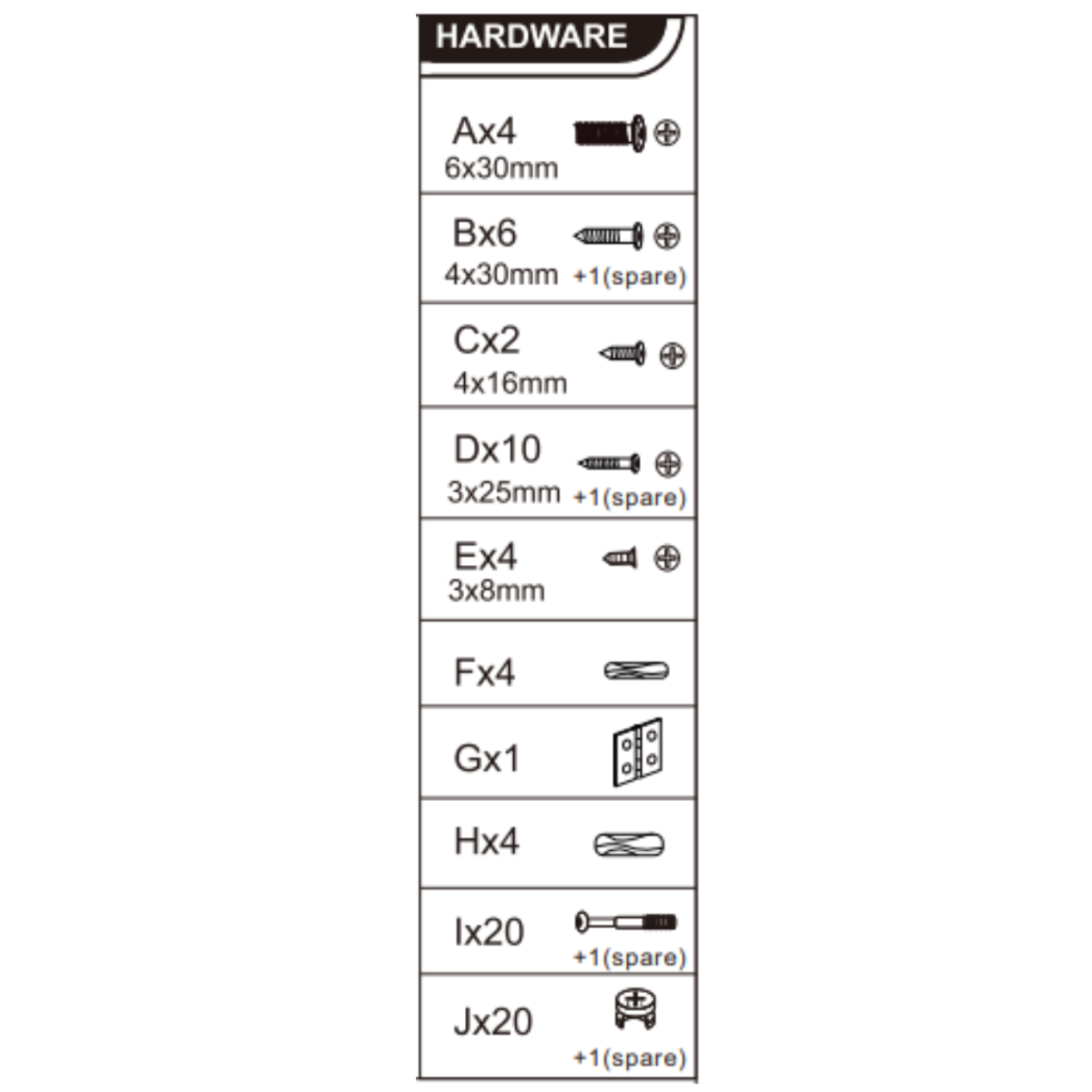 Reference chart listing all screws, bolts, brackets, and dowels with quantities and sizes for the toy storage cabinet assembly.