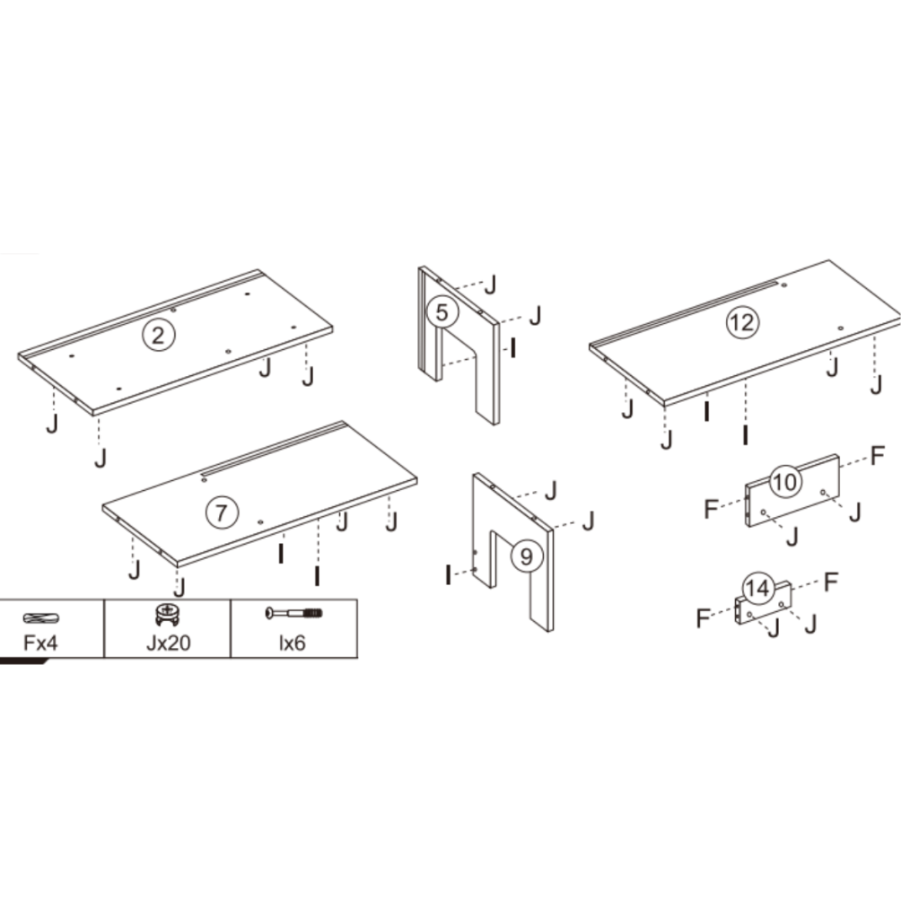 Diagram showing dowels and cam locks being inserted into multiple panels before starting the main assembly.